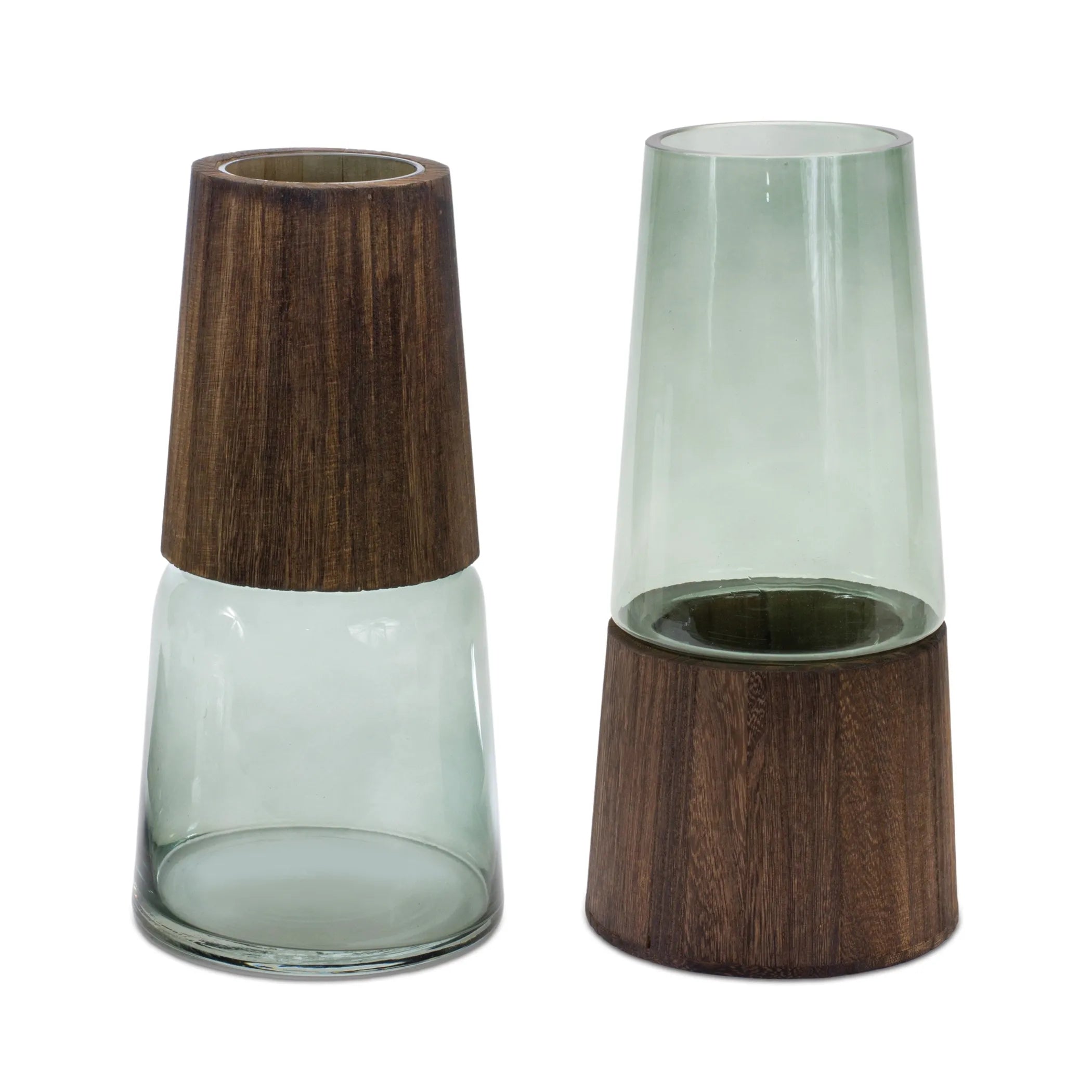 Tapered Glass Vase with Wood Accent - Pack Of: Set of 2 | Materials: Glass, wood | Décor style: Modern