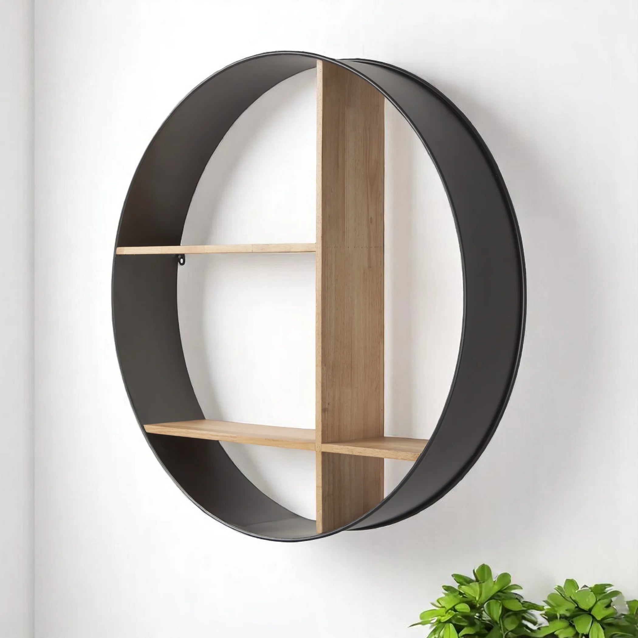 36" Black And Brown Metal And Wood Circular Multi Tier Shelf