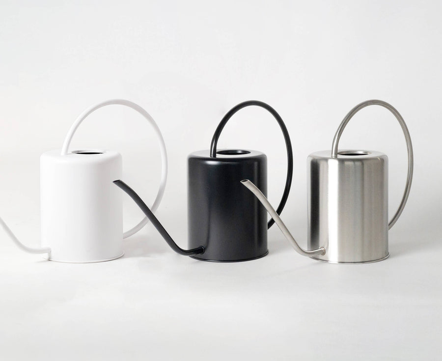 Black stainless steel watering can for indoor plant care