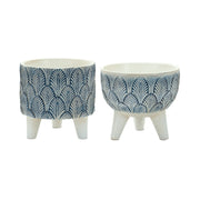 Melrose International Set of 2 Blue & White Geometric Resin Planters with Legs
