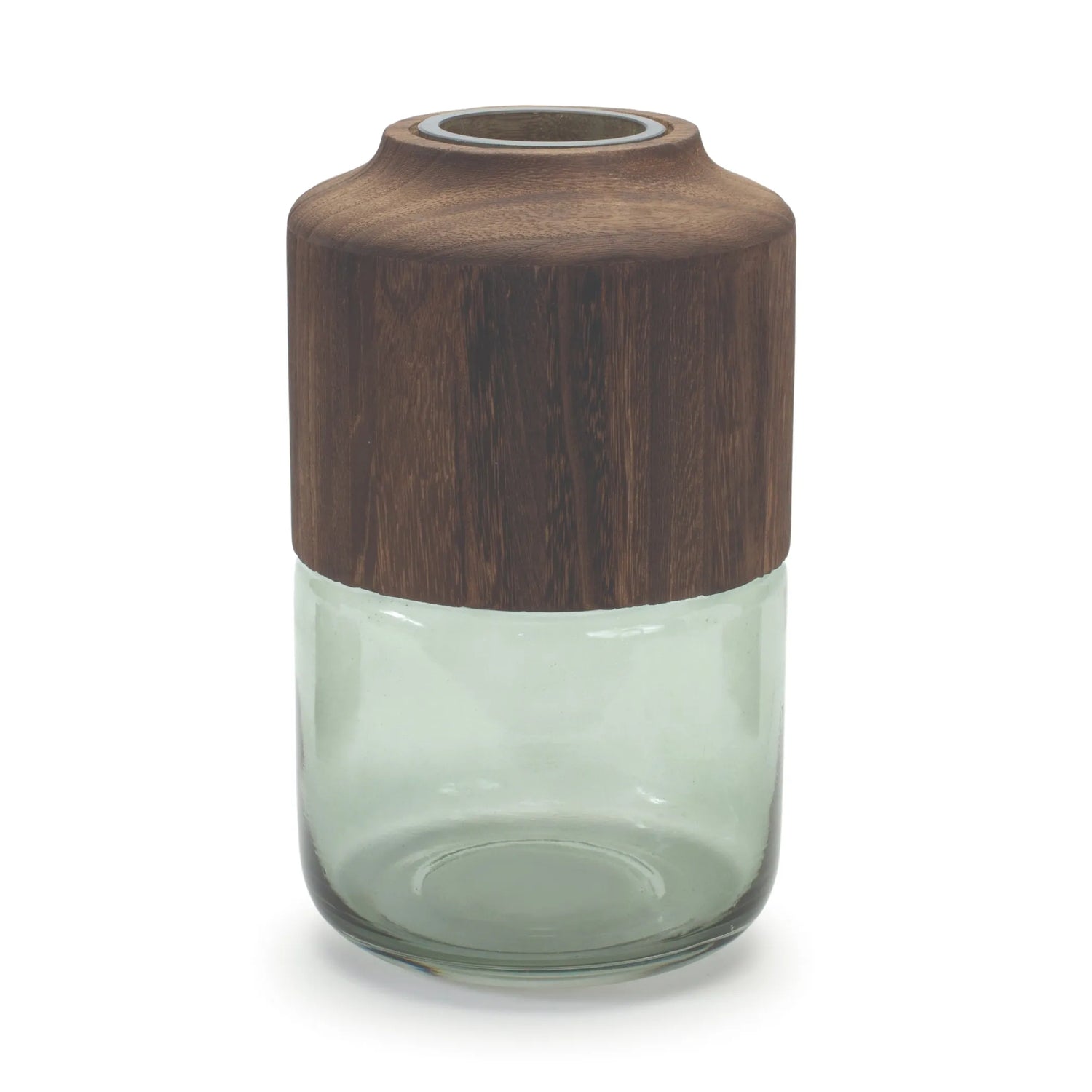 Sage Glass Vase with Wood Accent  - Pack Of: 1 unit | Materials: Glass, wood | Colors: Green; brown | Décor style: Modern