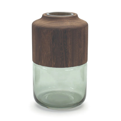Sage Glass Vase with Wood Accent  - Pack Of: 1 unit | Materials: Glass, wood | Colors: Green; brown | Décor style: Modern