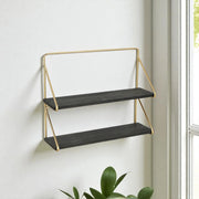 21" Dark Gray And Gold Metal And Wood Wall Mounted Tiered Shelf – 1