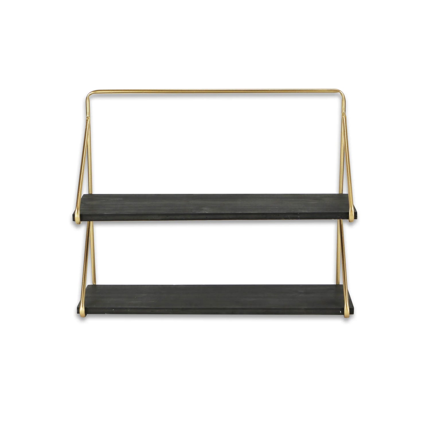 21" Dark Gray And Gold Metal And Wood Wall Mounted Tiered Shelf