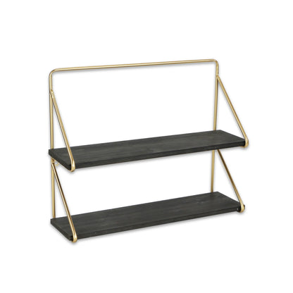 21" Dark Gray And Gold Metal And Wood Wall Mounted Tiered Shelf