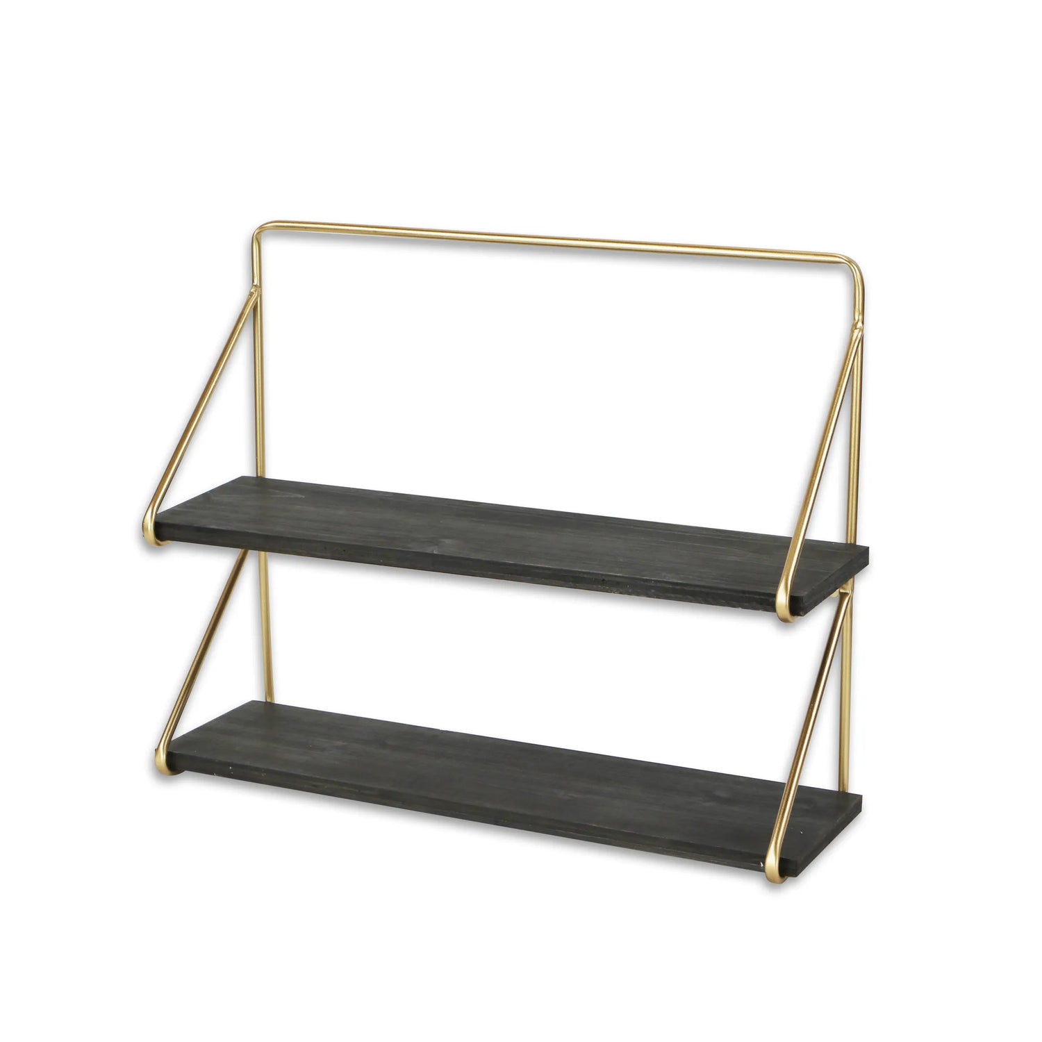 21" Dark Gray And Gold Metal And Wood Wall Mounted Tiered Shelf