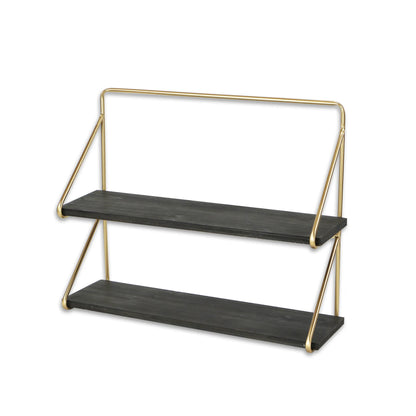 21" Dark Gray And Gold Metal And Wood Wall Mounted Tiered Shelf