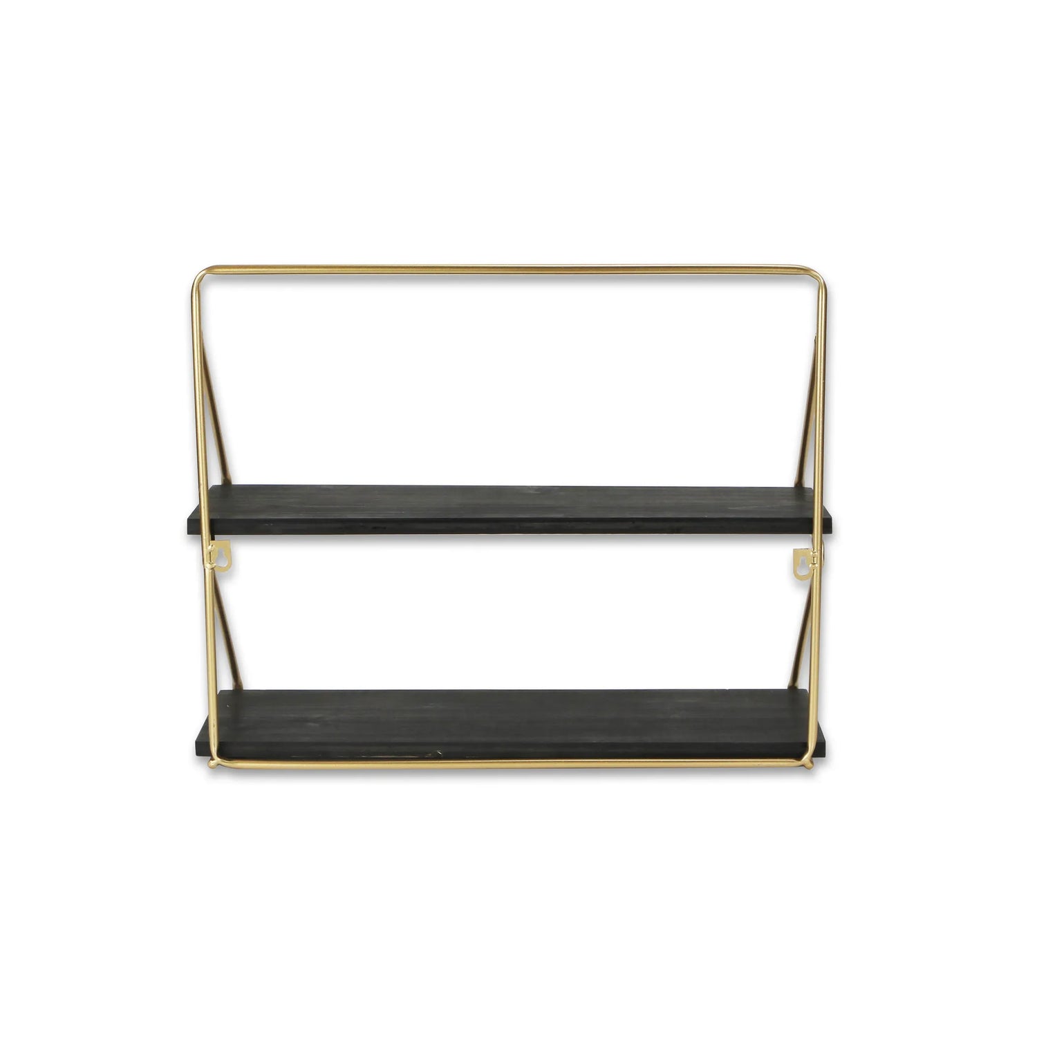 21" Dark Gray And Gold Metal And Wood Wall Mounted Tiered Shelf