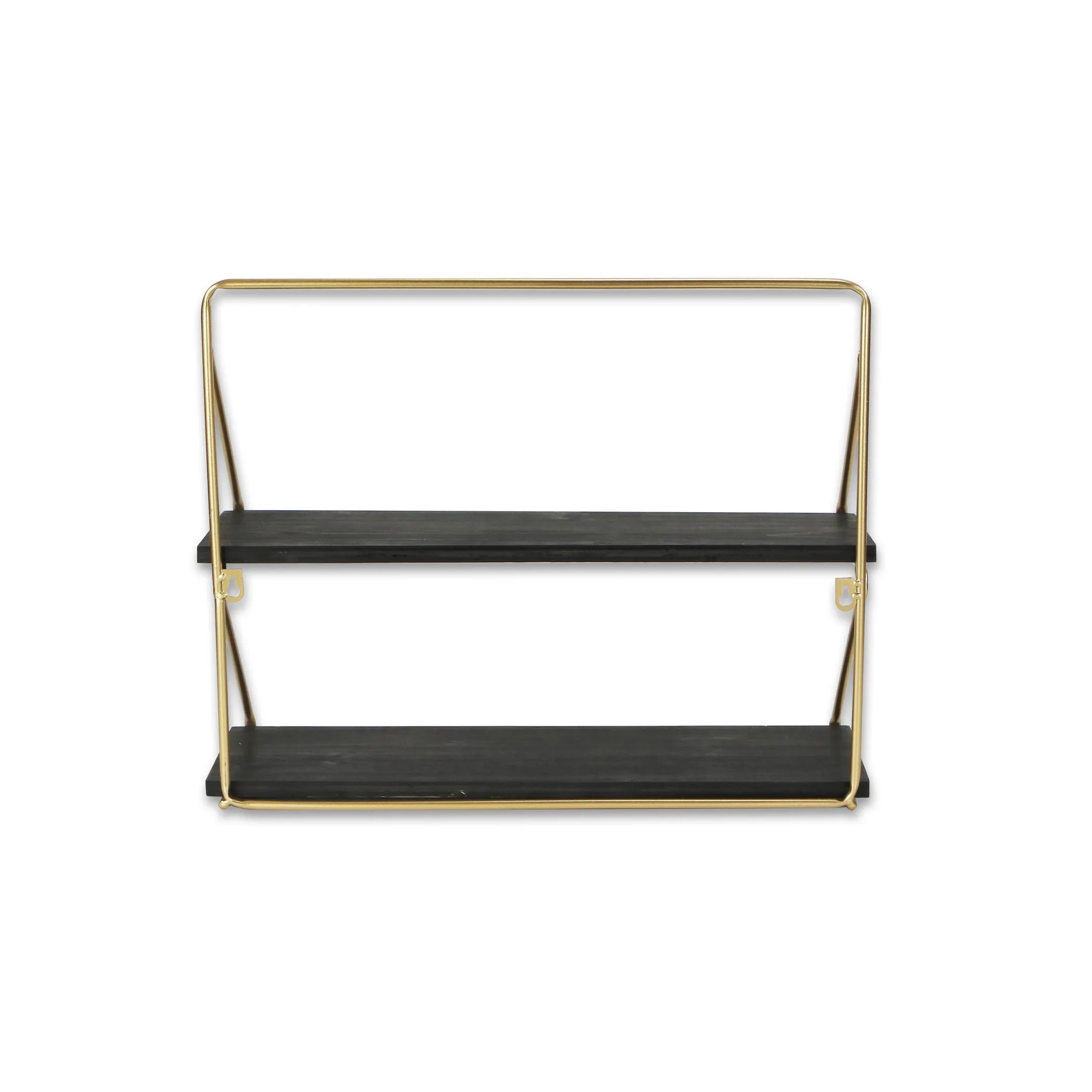 21" Dark Gray And Gold Metal And Wood Wall Mounted Tiered Shelf