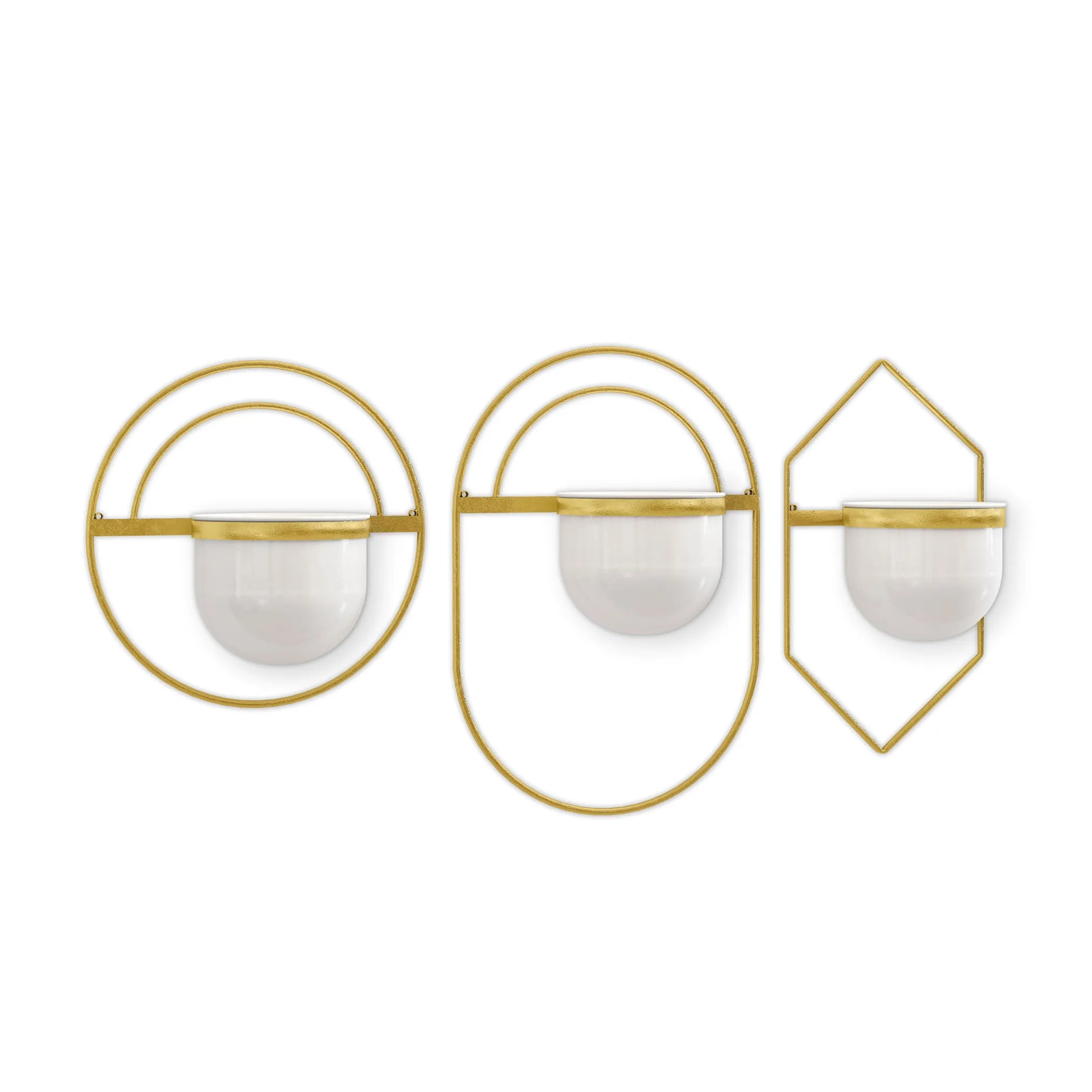 Set of Three Gold And White Metal 10 Ounce Wall Planters