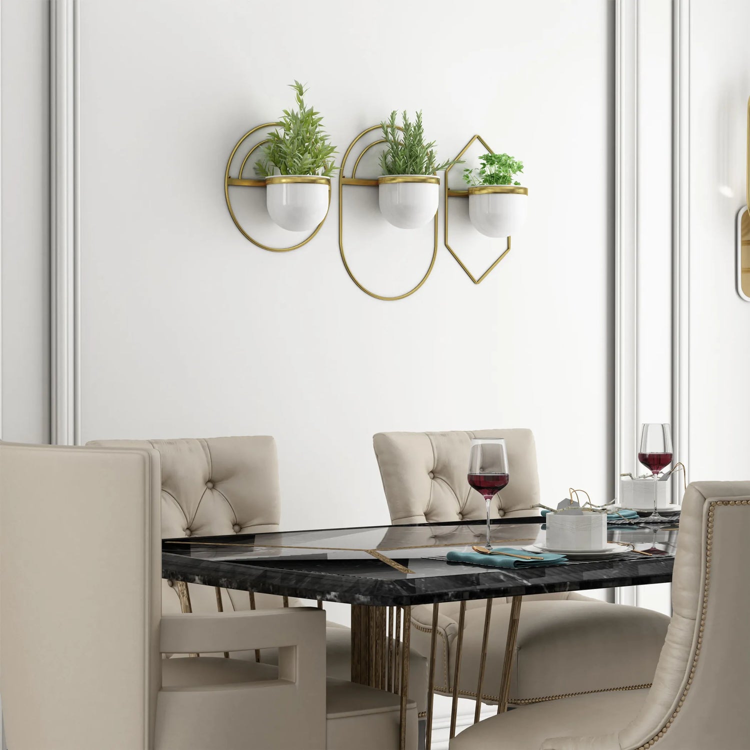 Set of Three Gold And White Metal 10 Ounce Wall Planters