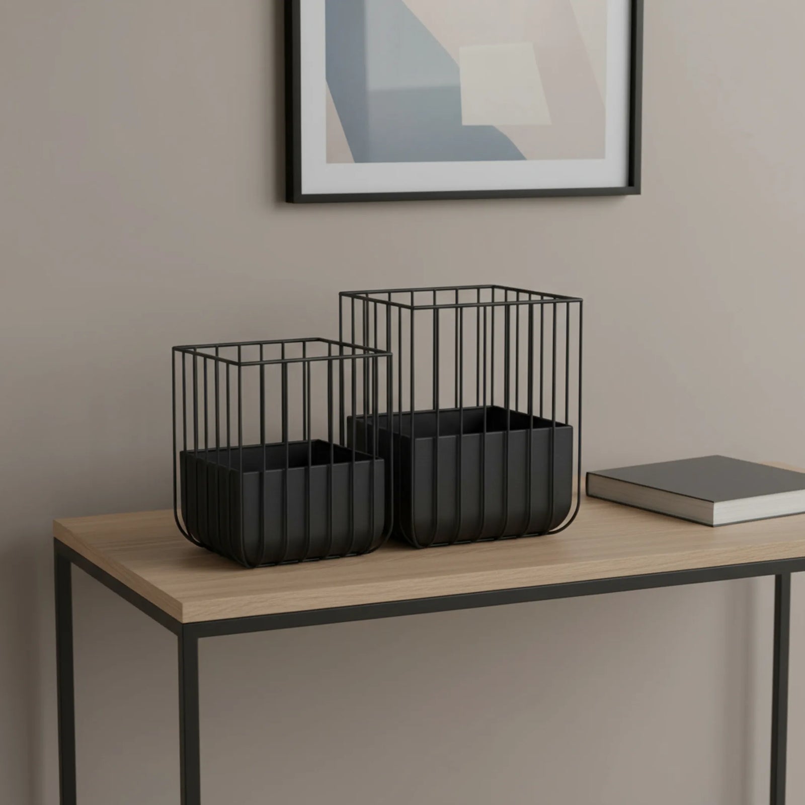 HomeRoots Set of 2 Black Metal Wire Cage Square Indoor Planters