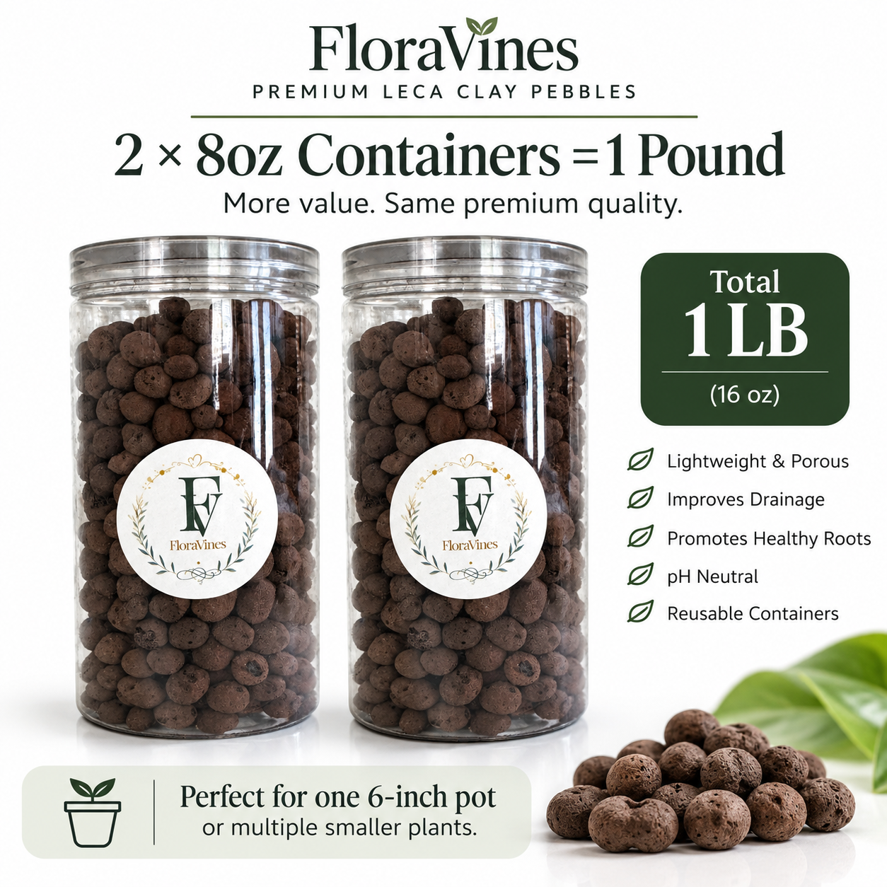 LECA Clay Pebbles for Plants – 1 lb, Two 8 oz Containers
