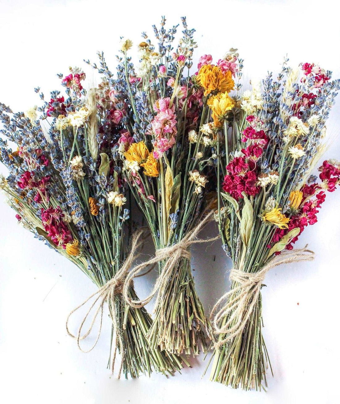 Dried Flower Bouquet with Pink Larkspur, Lavender, Yarrow &amp; Wheat