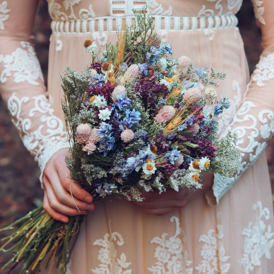 Dried Flower Bouquet with Blue Lavender, Pink Gomphrena, Daisies, Wheat &amp; Oregano