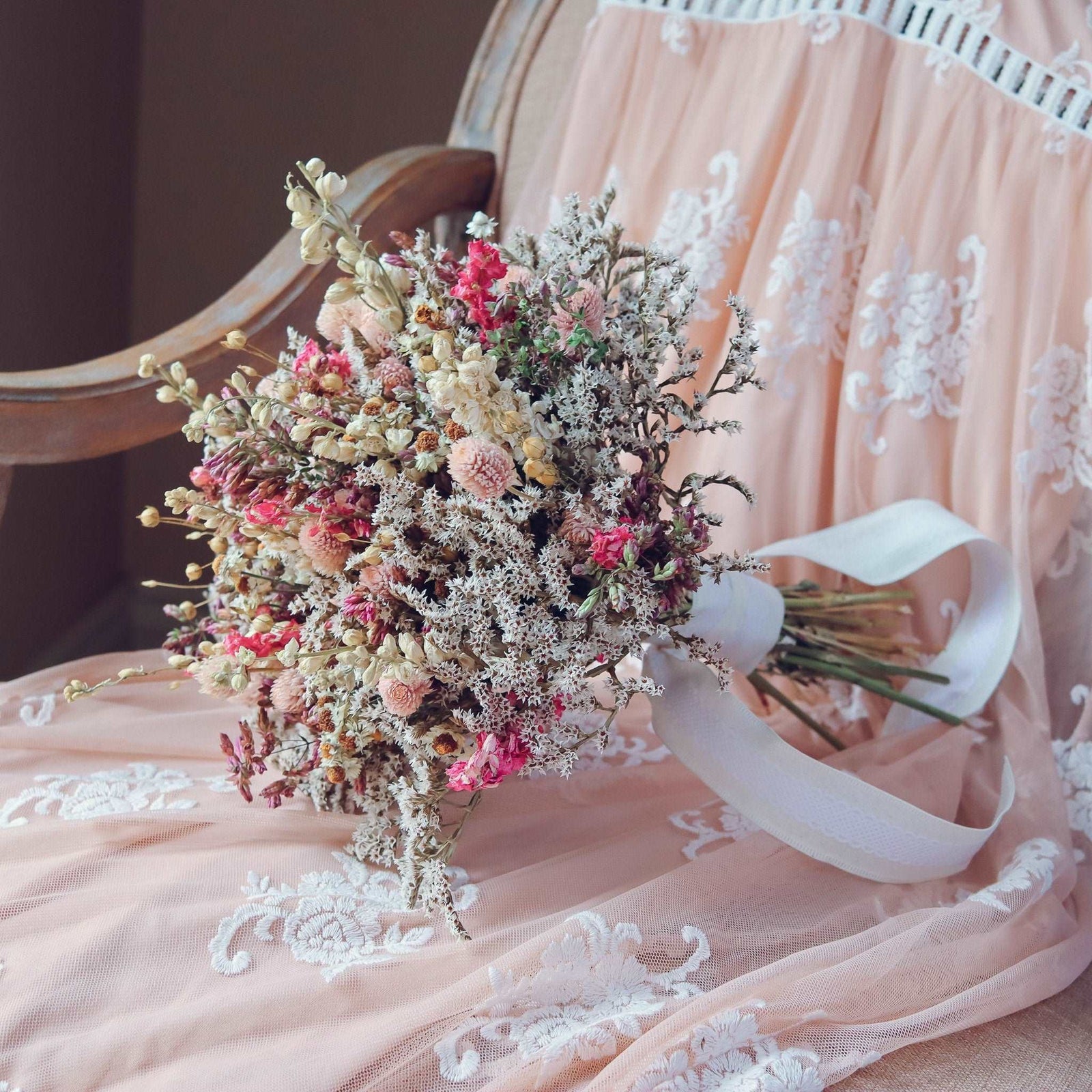 Dried Flower Bouquet – Pink Larkspur, Gomphrenia, Ammobium & Wheat – Rustic Farm-Grown California Wedding & Home Décor Arrangement