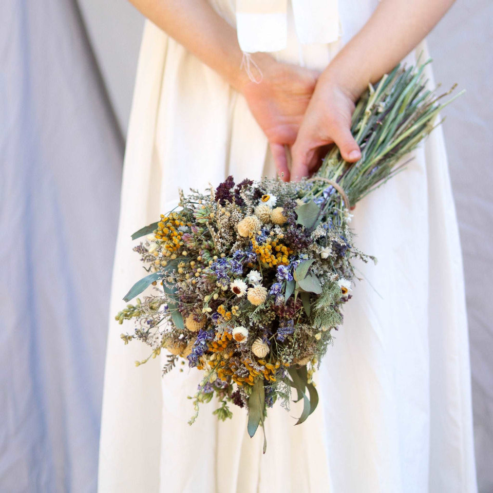 Dried Flower Bouquet – Blue Larkspur, Yarrow, Daisies &amp; Eucalyptus – Rustic Farm-Grown California Wedding &amp; Home Décor Arrangement