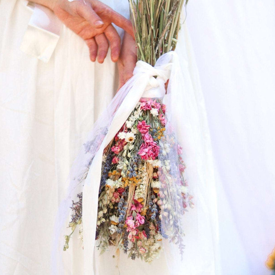 Dried Flower Bouquet with Pink Larkspur, Lavender, Yarrow &amp; Wheat
