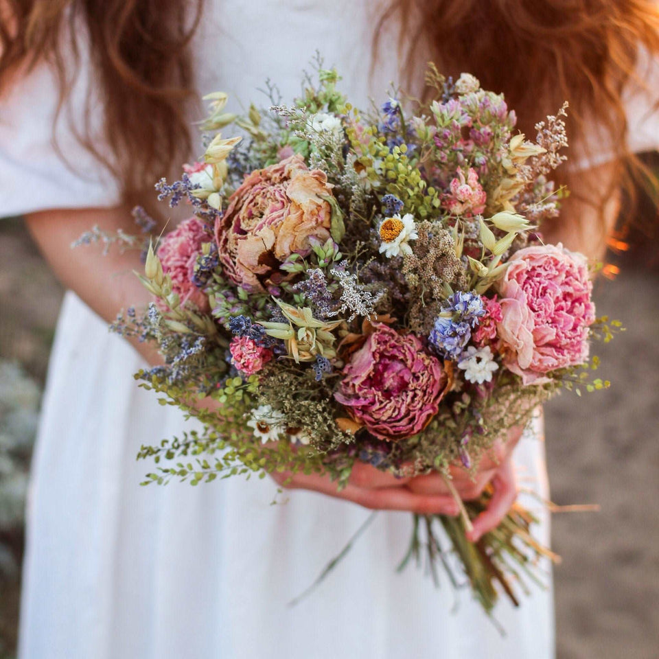 Dried Flower Bouquet – Peony, Blue &amp; Pink Larkspur, Lavender &amp; Avena Oats – Rustic Farm-Grown California Wedding &amp; Home Décor Arrangement