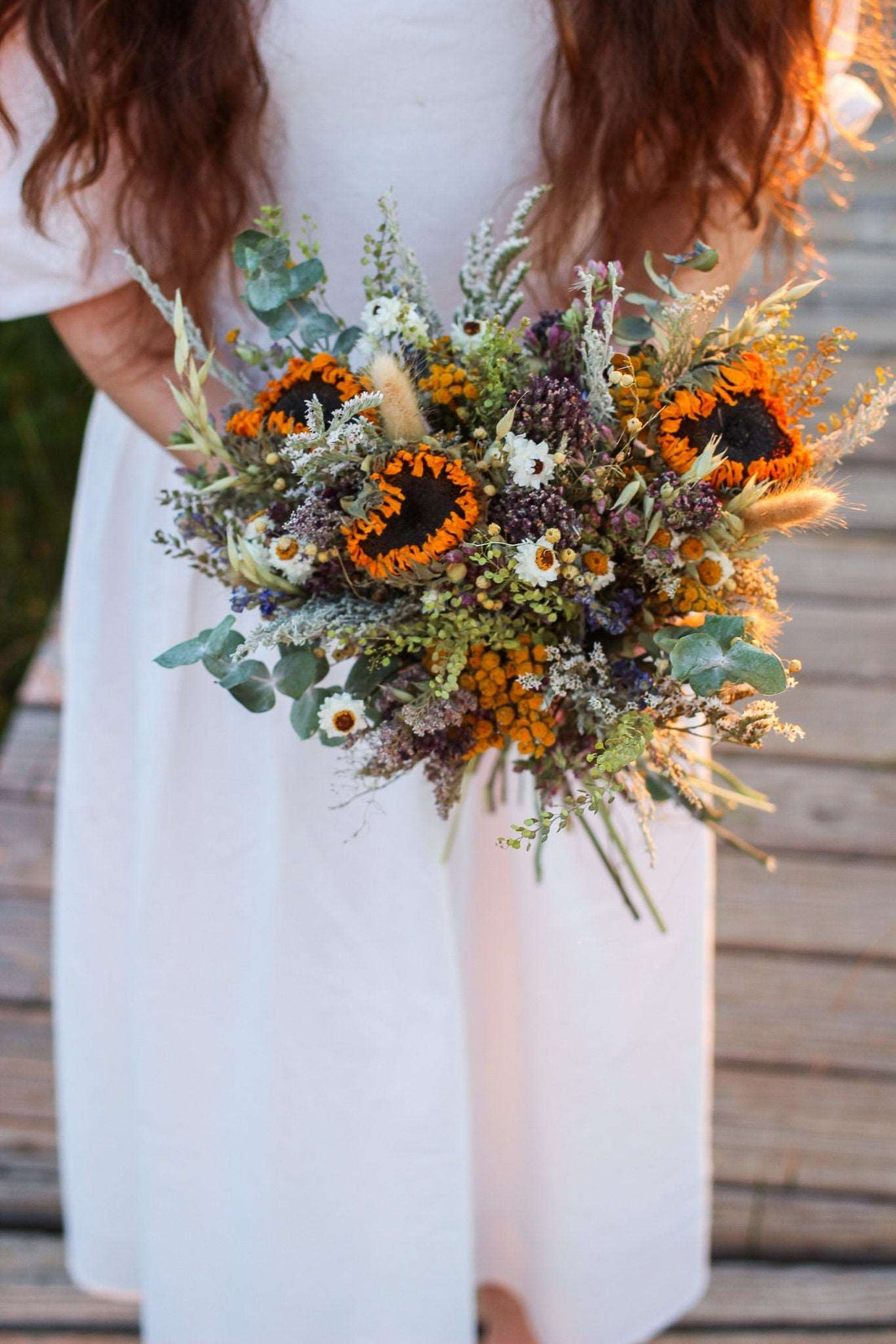 Dried Flower Bouquet – Sunflowers, Eucalyptus, Daisies &amp; Yarrow – Rustic Farm-Grown California Wedding &amp; Home Décor Arrangement