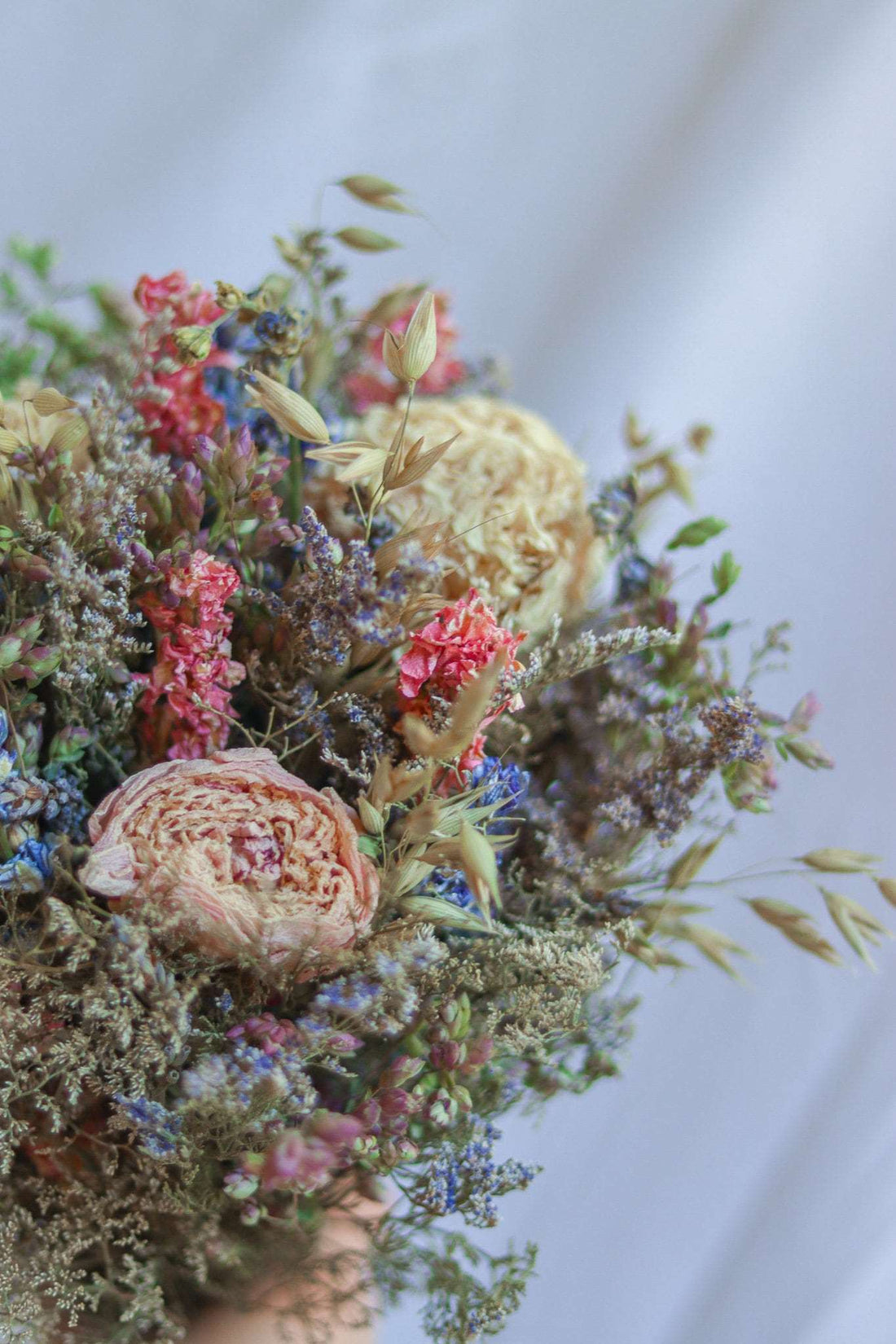 Dried Flower Bouquet – Peony, Blue &amp; Pink Larkspur, Lavender &amp; Avena Oats – Rustic Farm-Grown California Wedding &amp; Home Décor Arrangement