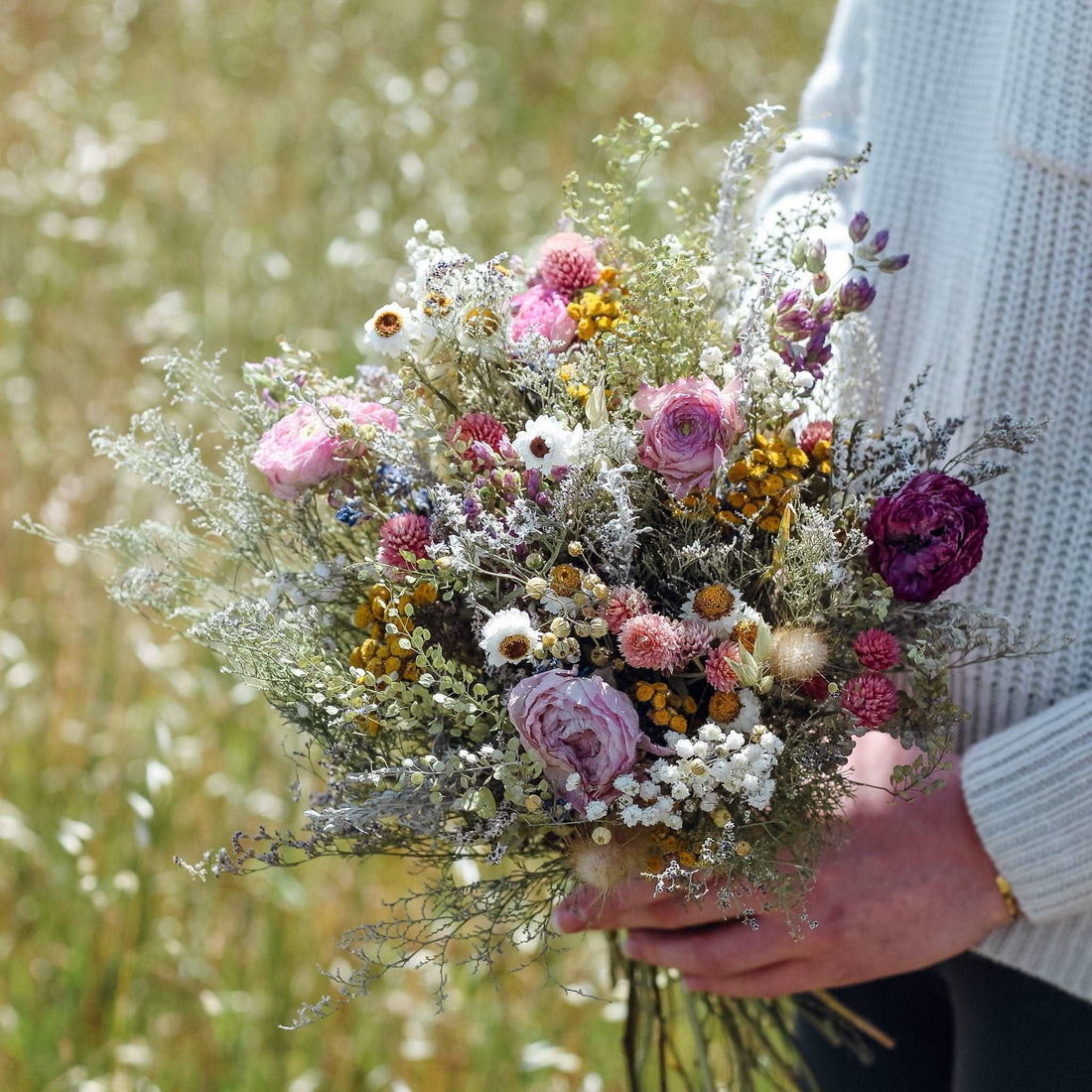 Dried Flower Bouquet with Ranunculus, Yarrow, Daisies &amp; Baby’s Breath