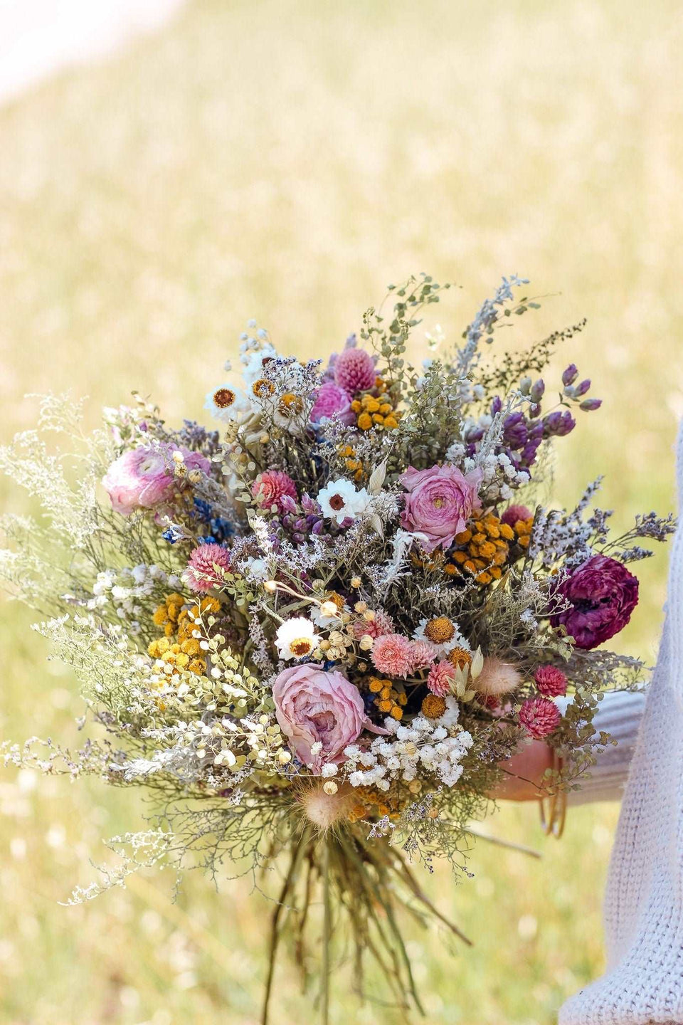 Dried Flower Bouquet with Ranunculus, Yarrow, Daisies &amp; Baby’s Breath