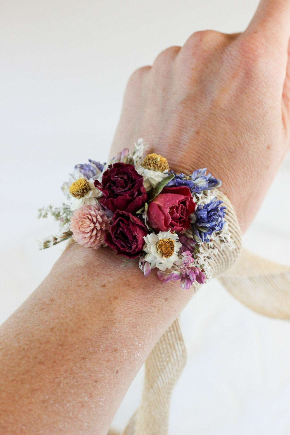 Dried Flower Corsage with Red Roses &amp; Blue Lavender / Bridal bouquet for Wedding / Rustic Boho and Wedding Accessories / Wildflowers