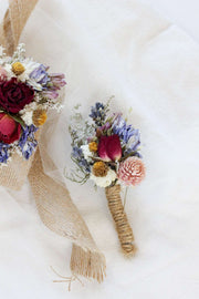 Dried Flower Corsage with Red Roses & Blue Lavender / Bridal bouquet for Wedding / Rustic Boho and Wedding Accessories / Wildflowers