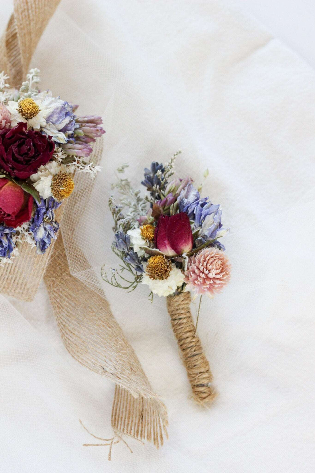 Dried Flower Boutonniere with Red Roses &amp; Blue Lavender / Bridal bouquet for Wedding / Rustic Boho and Bridesmaid bouquet / Wildflowers