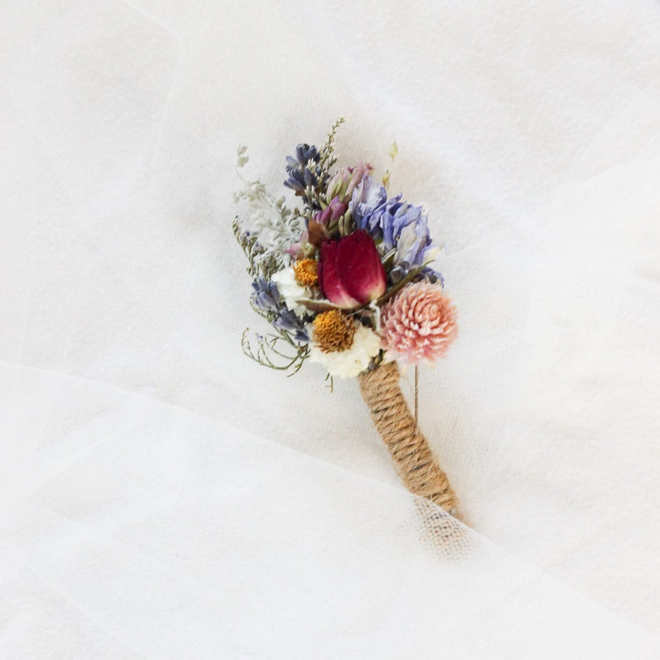 Dried Flower Boutonniere with Red Roses &amp; Blue Lavender / Bridal bouquet for Wedding / Rustic Boho and Bridesmaid bouquet / Wildflowers