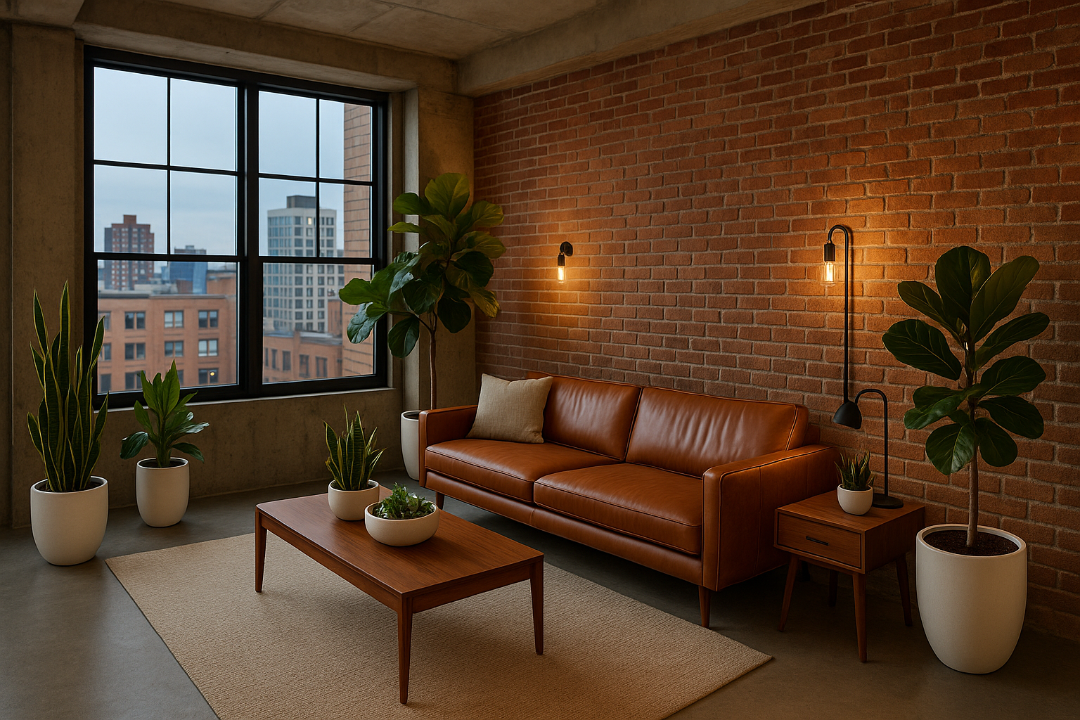 Loft-style downtown condo with brick wall and plants