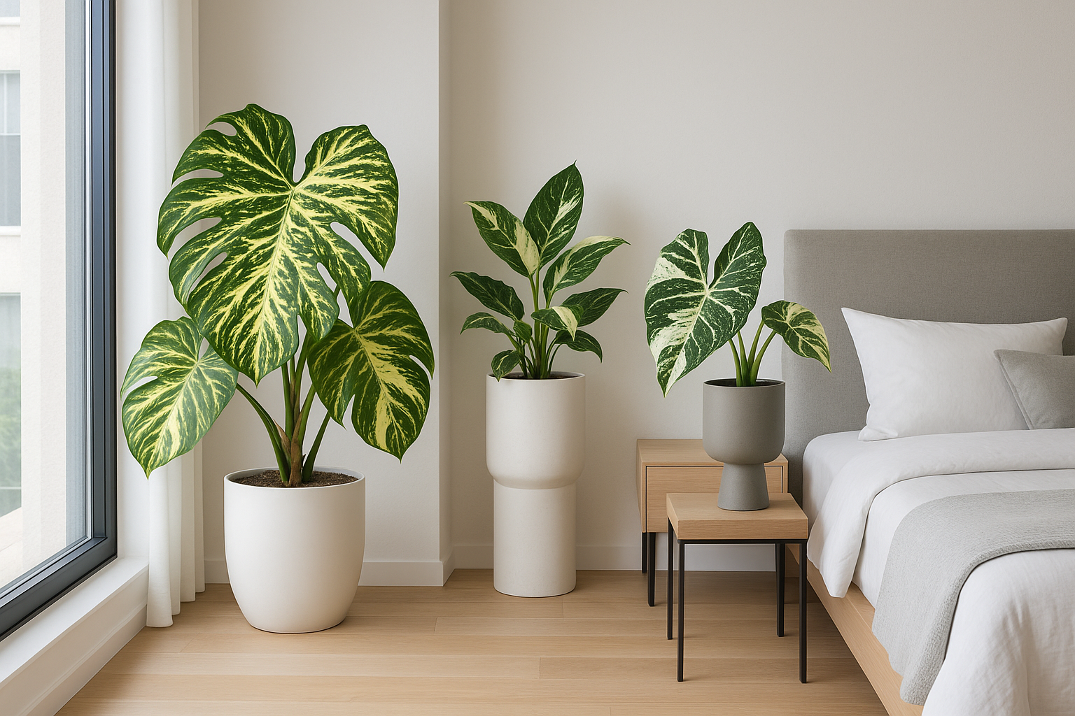 Modern bedroom featuring in-stock plants from FloraVines inventory