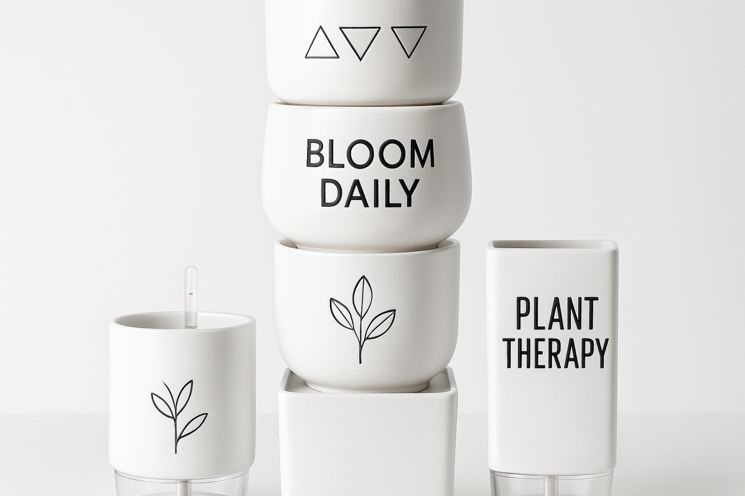 Vertical arrangement of modern white self-watering pots with engravings